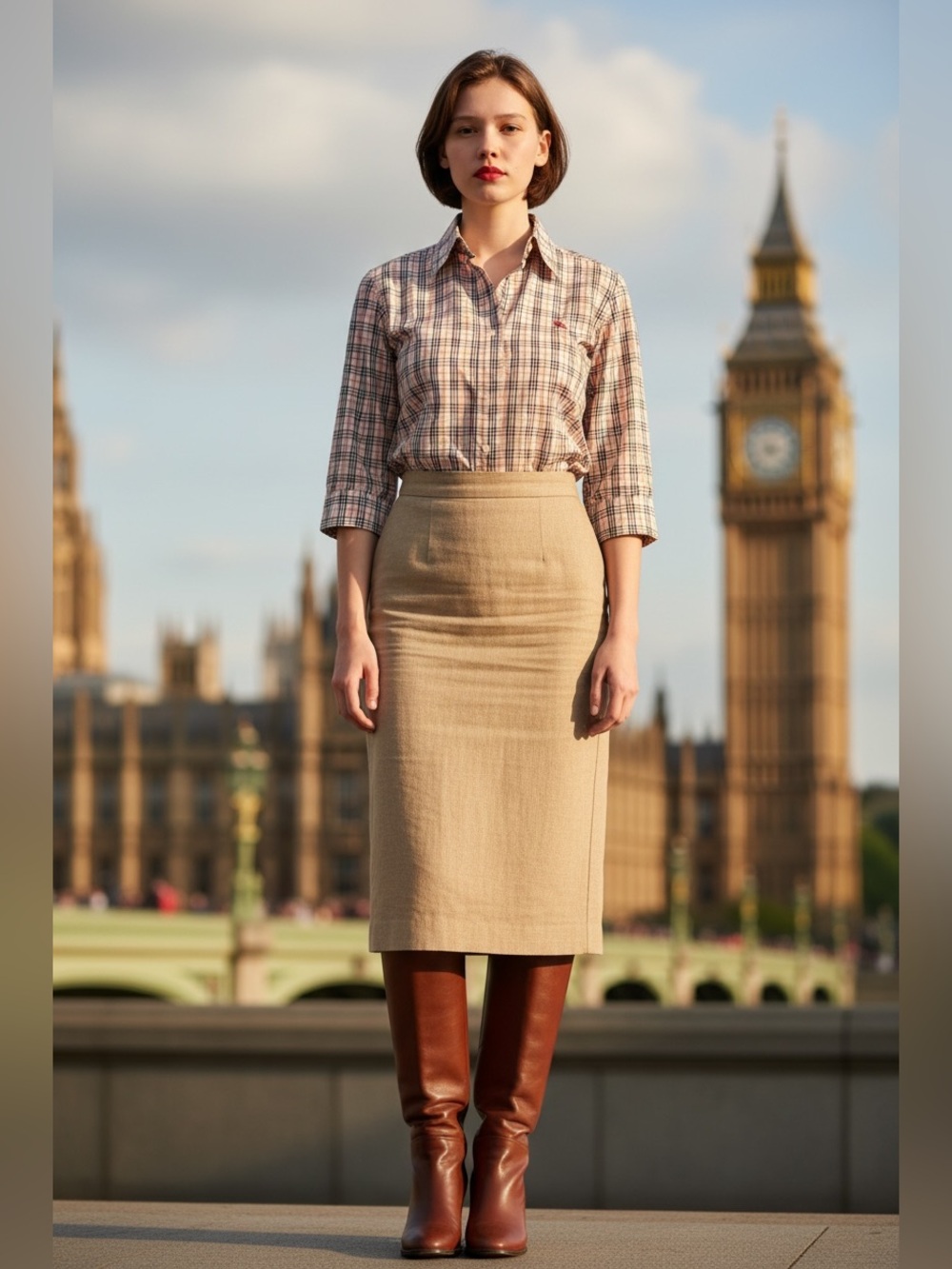 Burberry Beige Plaid Button-Up
